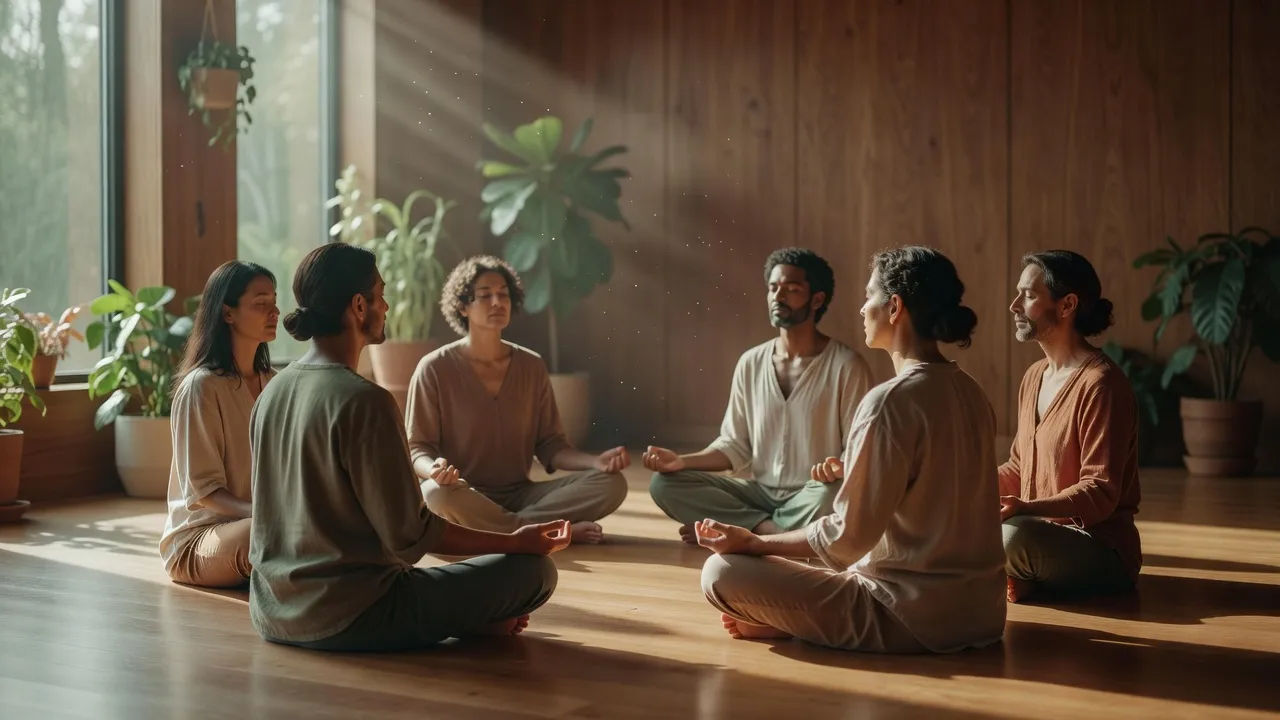 Group in a sunlit yoga studio following a guided breathing session