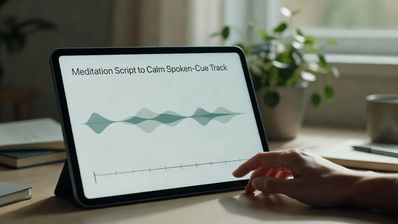 Screen turning a meditation script into a calm spoken-cue track