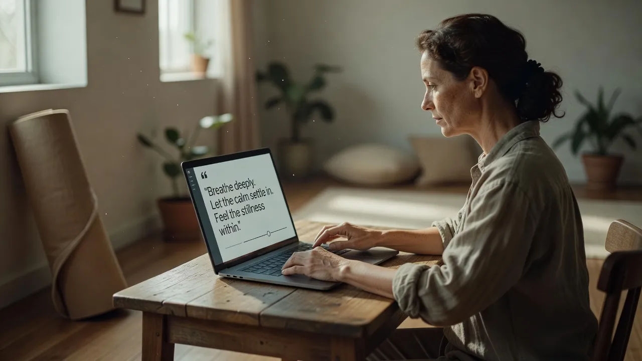 Instructor refining a calm voice prompt for a meditation class on a laptop