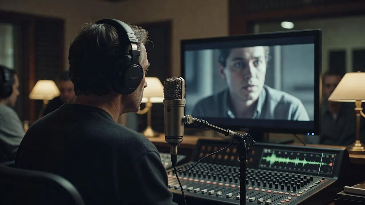 Film dubbing session with a Hindi read on a studio screen