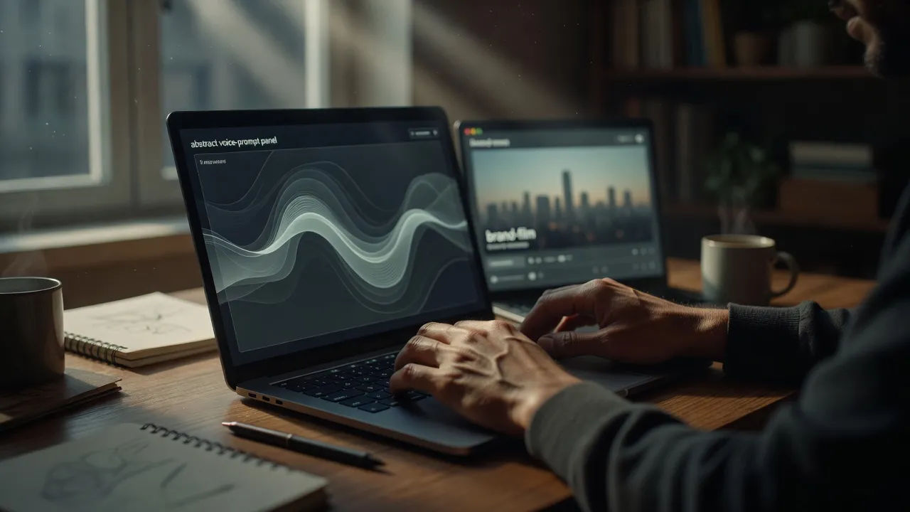 Editing a Hindi voice prompt on a laptop for a brand film