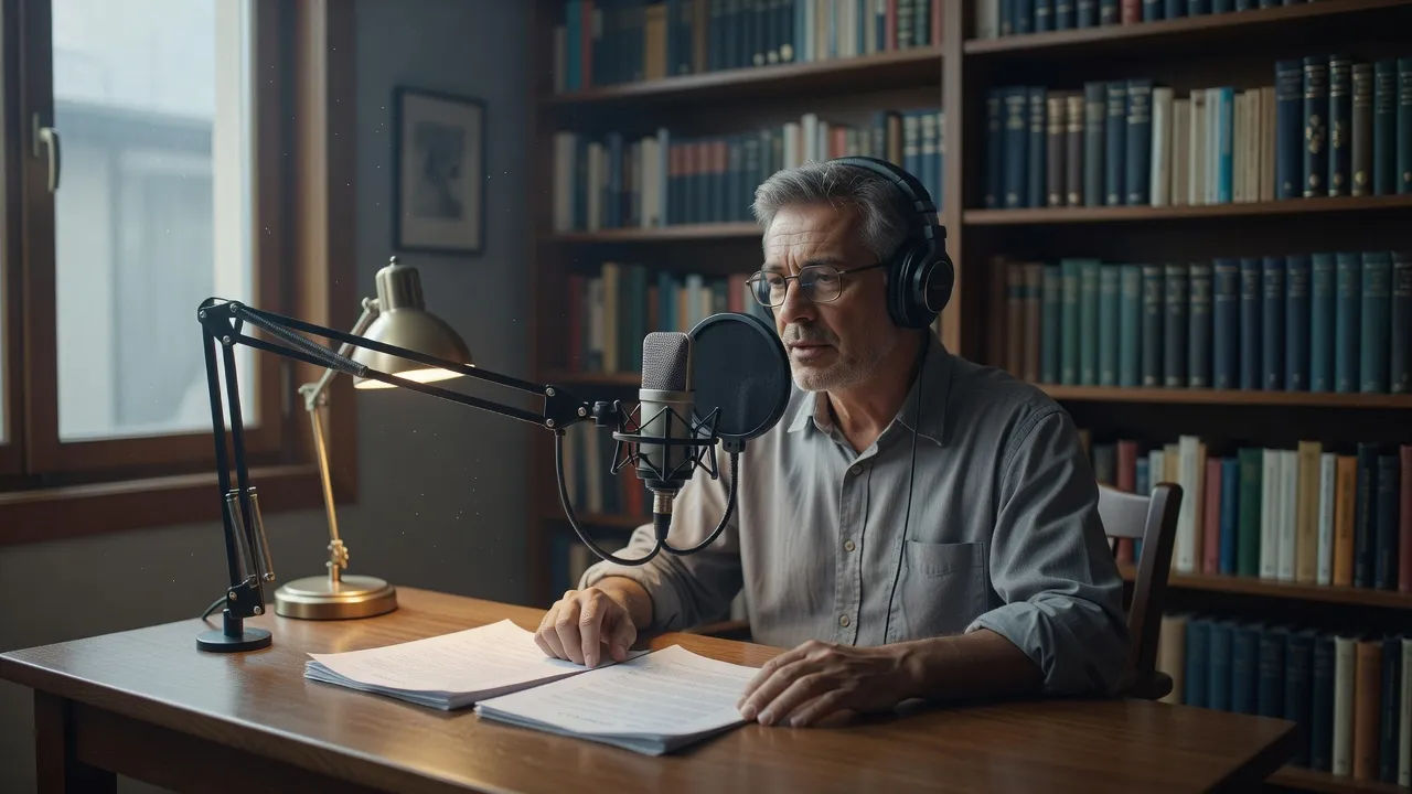 E-learning narrator recording a lesson at a desk microphone