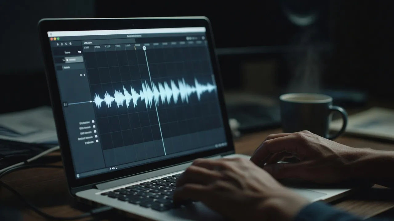 Screen showing a tutorial script becoming a clear voiceover waveform