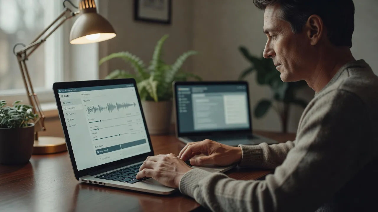 Editor adjusting an Indian English voice prompt on a laptop