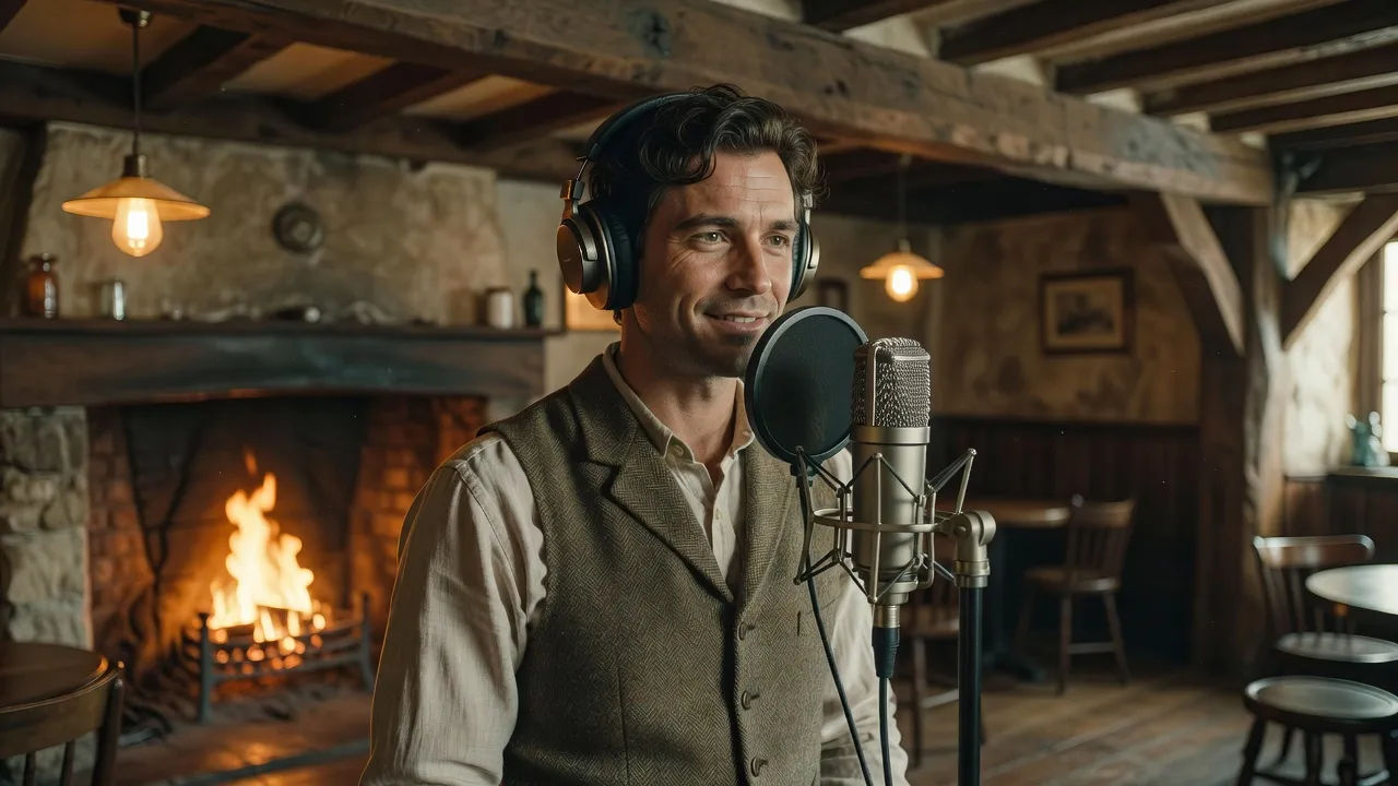 Charming character in a cosy village pub speaking to camera