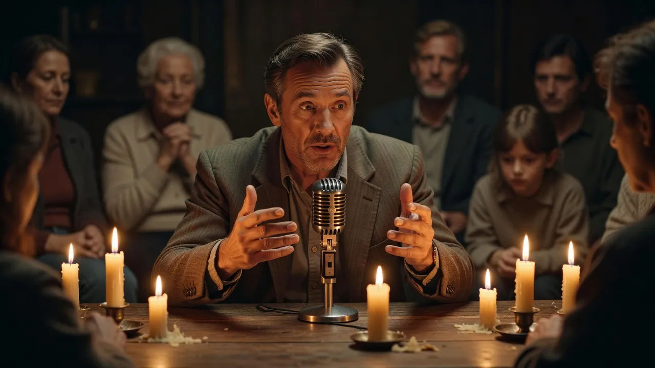 Folk storyteller by candlelight delivering a lilting tale to listeners