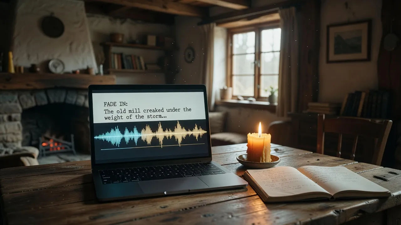 Screen showing a story script becoming an Irish voiceover waveform
