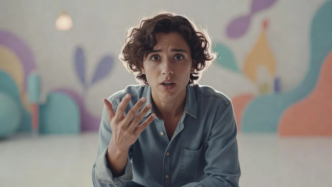 Animated character speaking to camera in a bright stylized scene