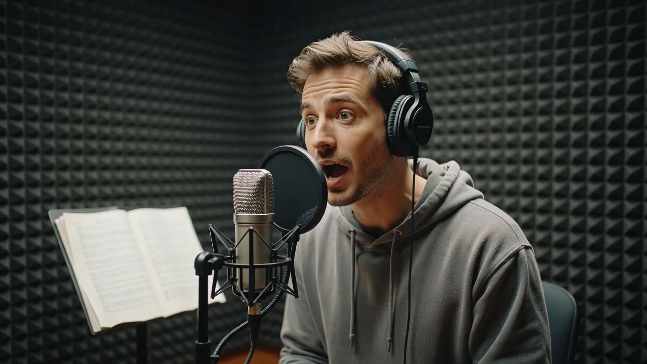 Voice actor recording an animated character at a studio mic