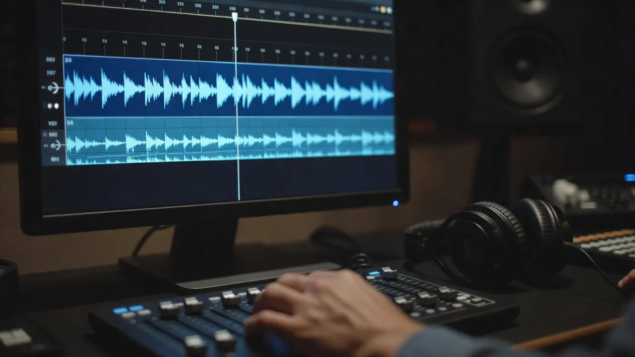 Screen showing a dub script becoming a bright voiceover waveform