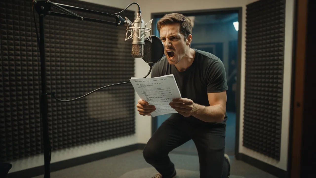 Voice actor recording Japanese anime lines in a booth