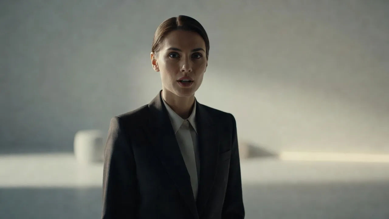 Stylish character speaking to camera in a modern set