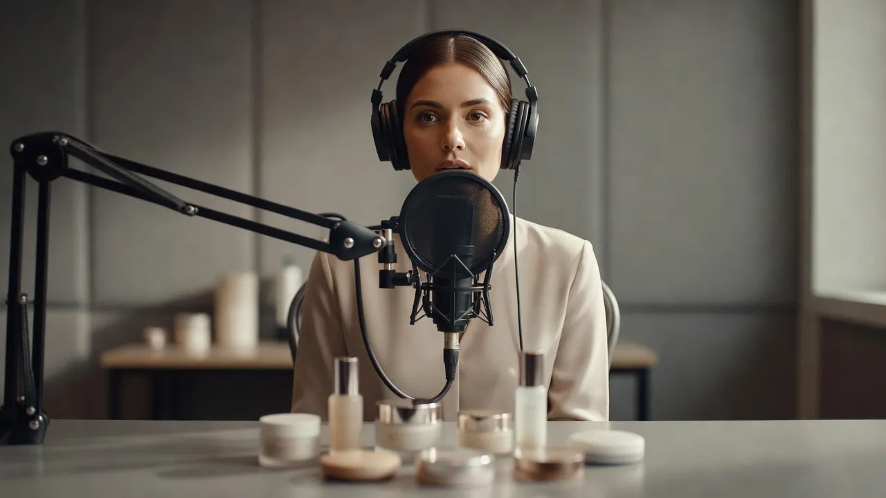 Beauty-brand presenter recording a polished ad at a studio mic