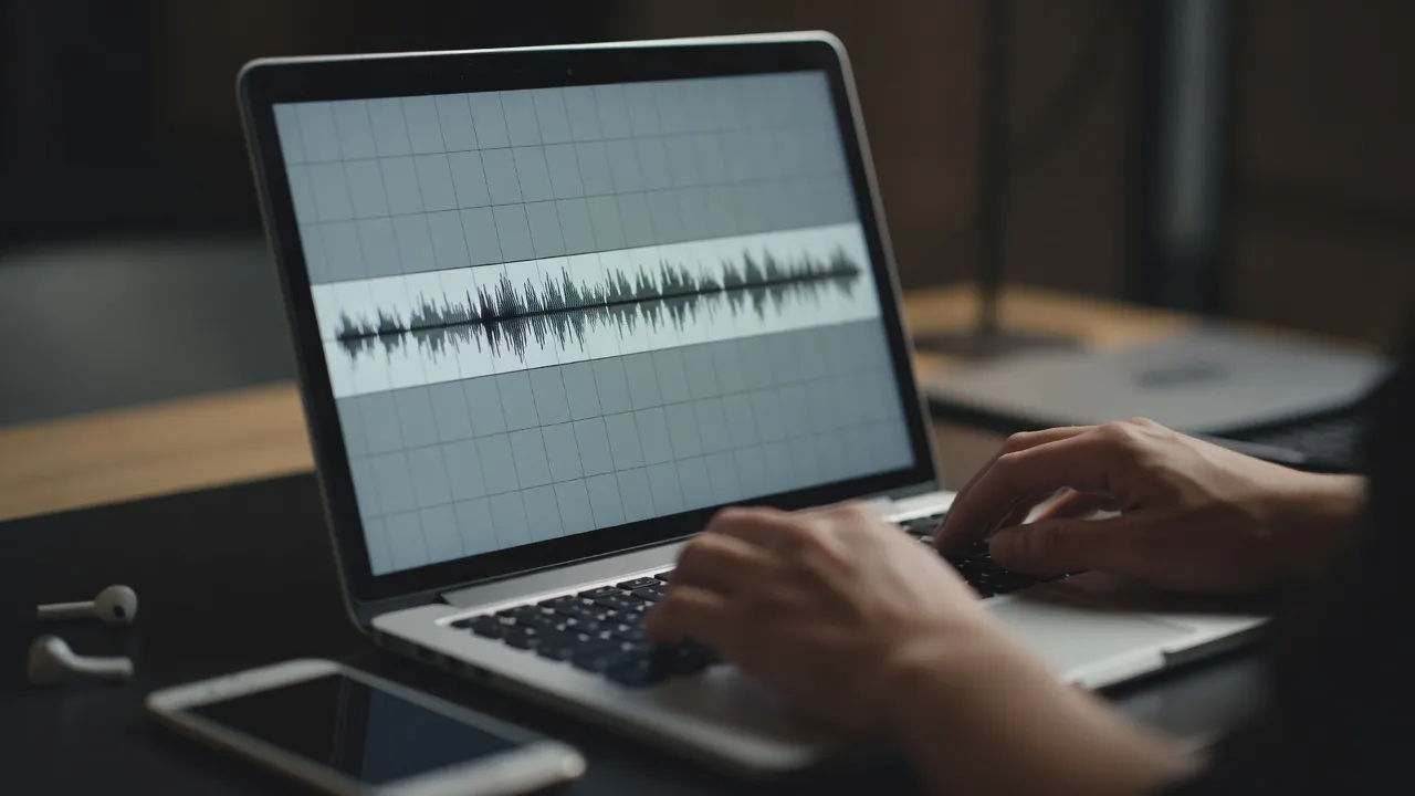 Screen showing a content script becoming a crisp voiceover waveform