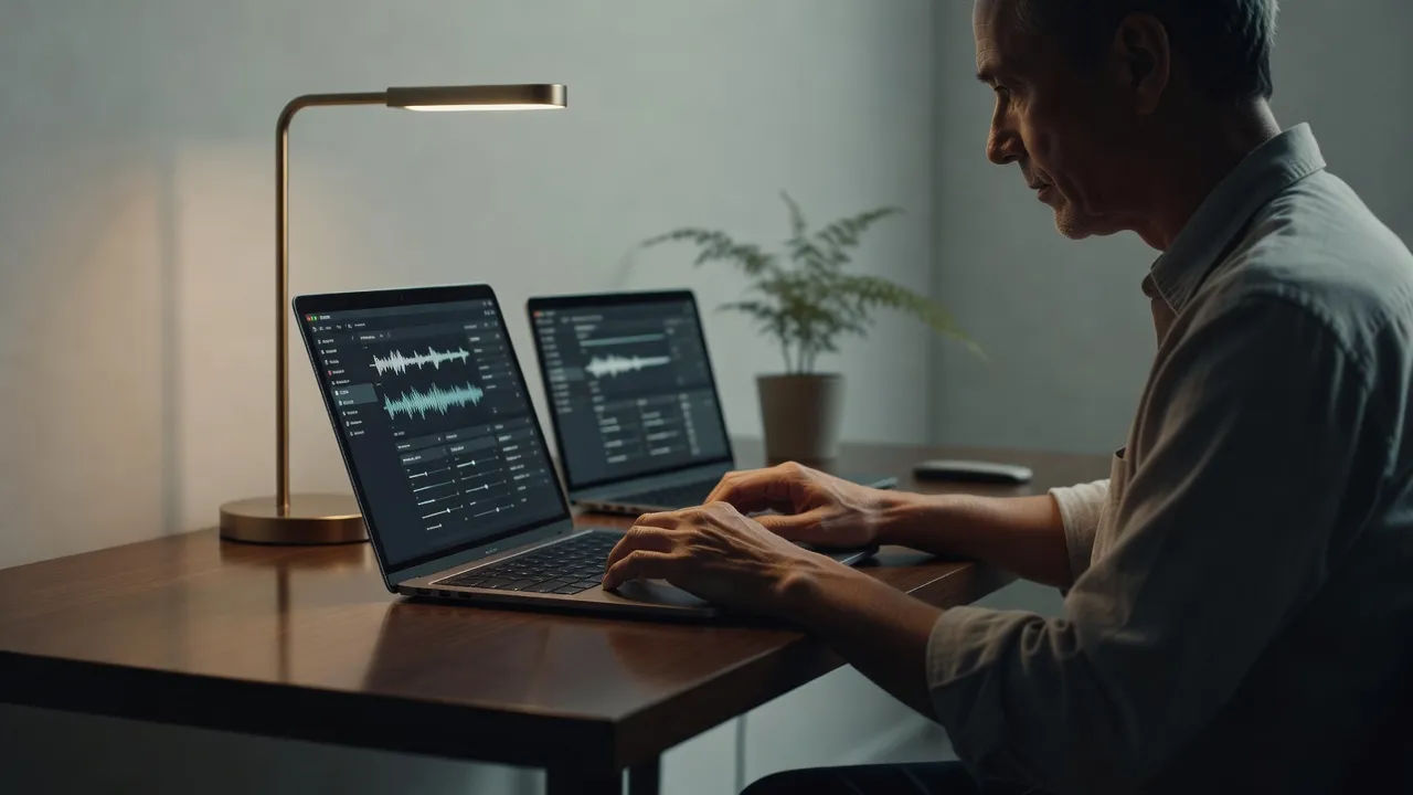 Editor adjusting a Korean English voice prompt on a laptop
