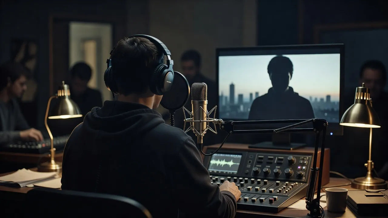 Film dubbing session with a Mandarin read on a studio screen