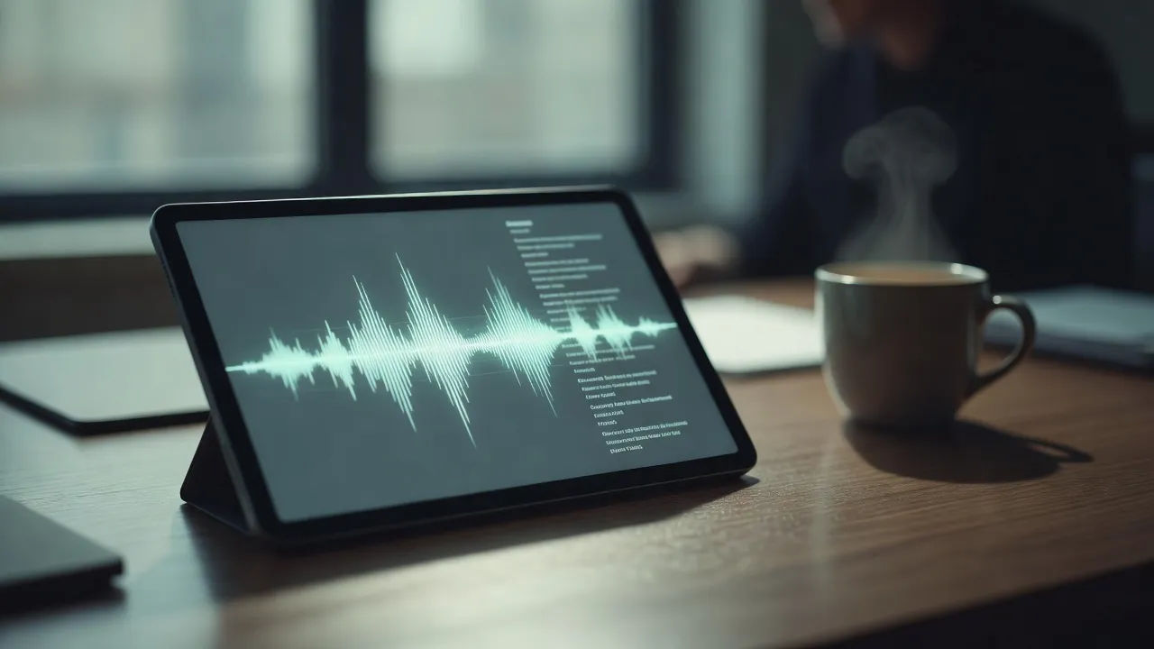 Mandarin script becoming a voiceover waveform on a tablet