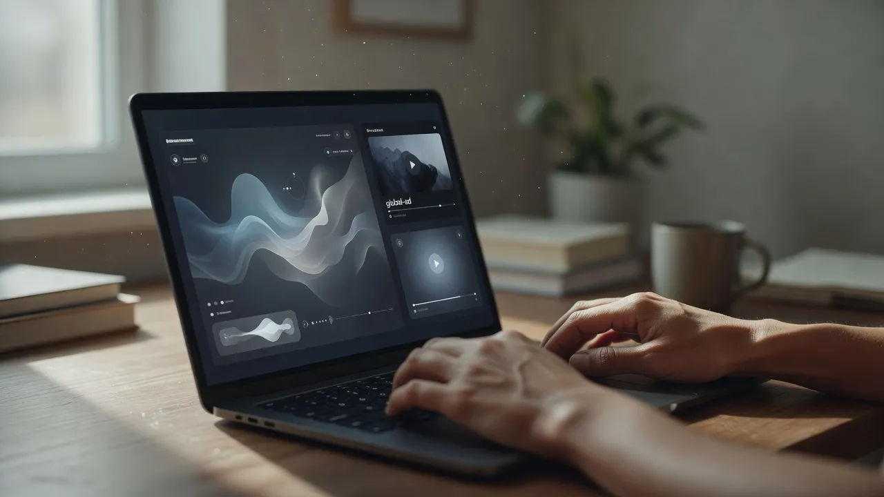 Editing a Mandarin voice prompt on a laptop for a global ad