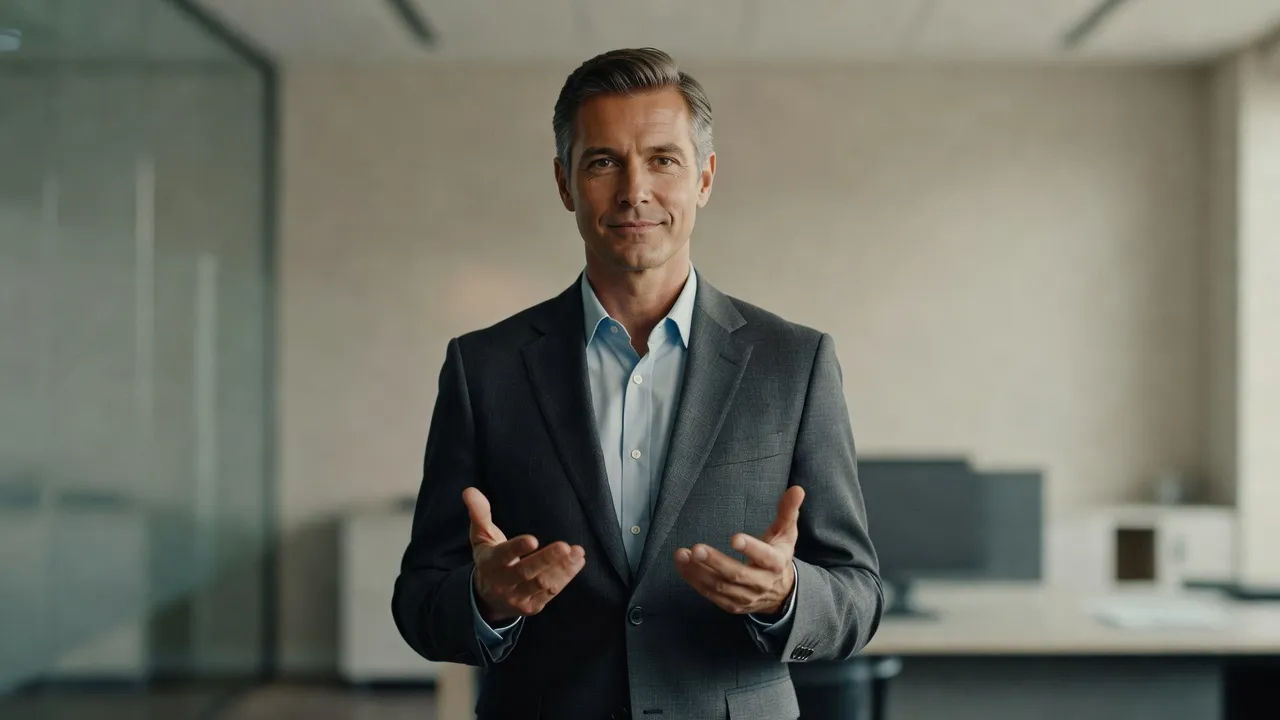 Corporate spokesperson presenting to camera against a clean backdrop