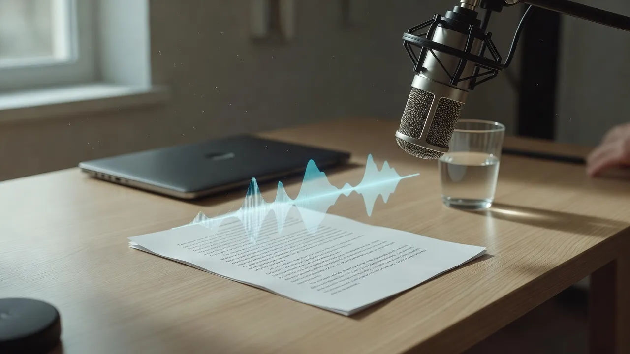 Script page becoming a neutral Midwest voiceover waveform