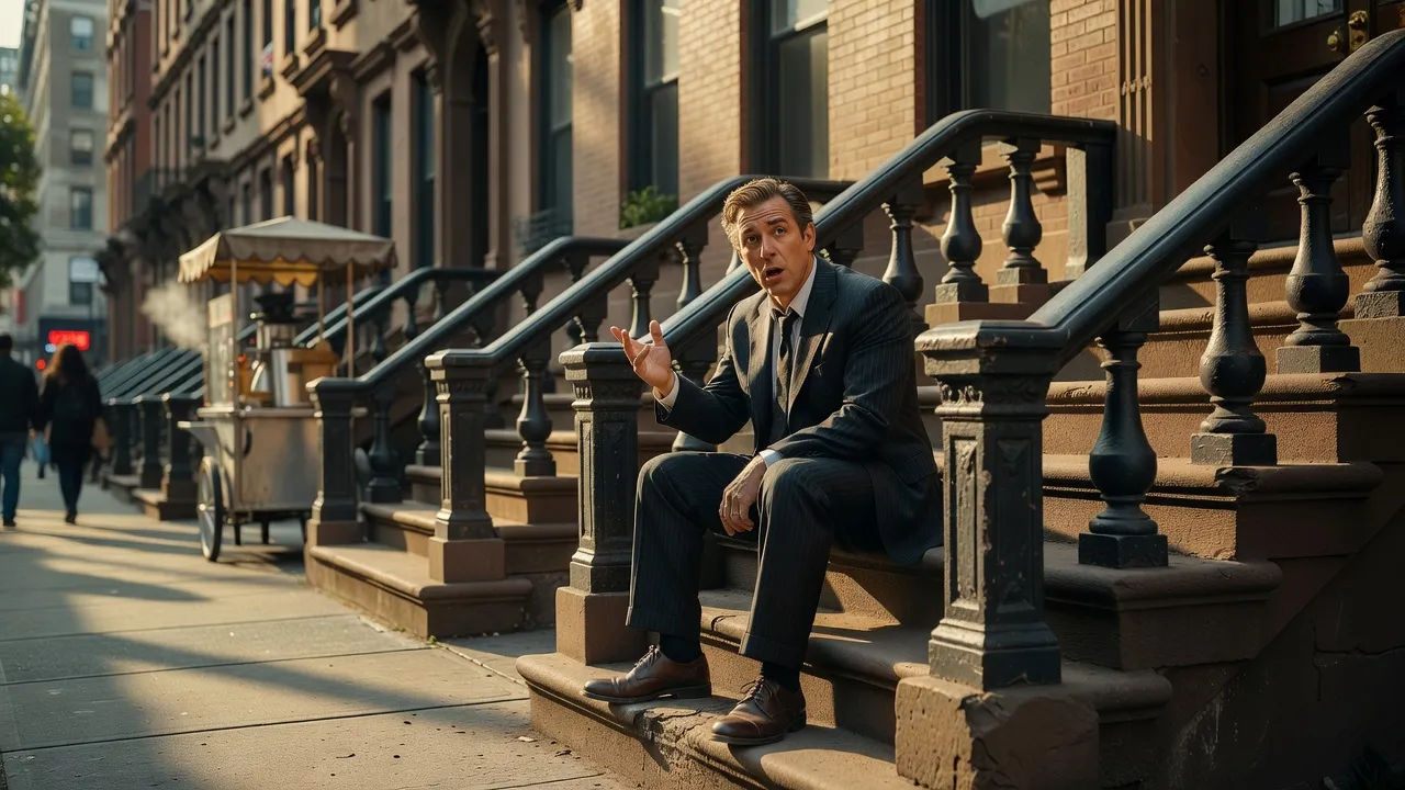 Brash New York character talking fast to camera on a stoop