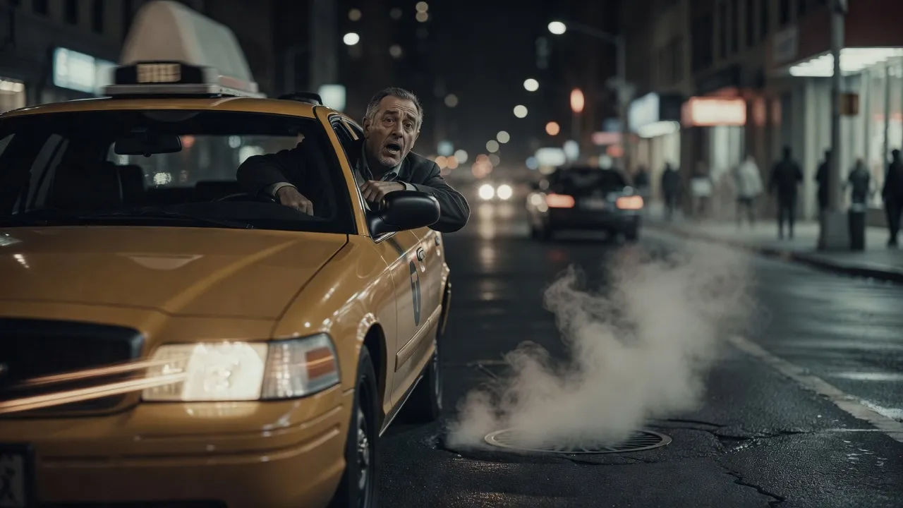 Yellow cab driver leaning out the window mid-sentence at night