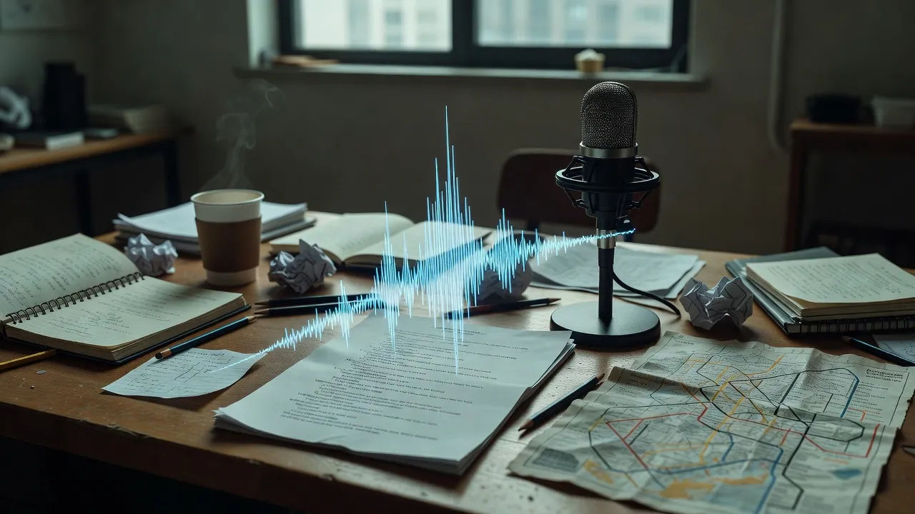 Script page becoming a fast New York voiceover waveform