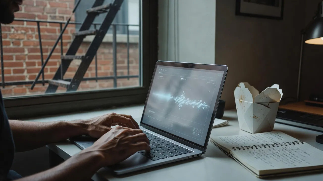 Creator editing a New York voice prompt on a laptop