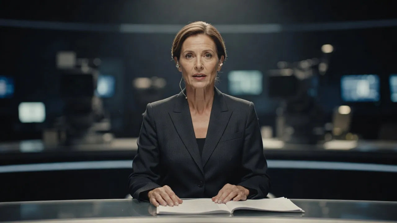News presenter reading a bulletin at a broadcast desk on camera