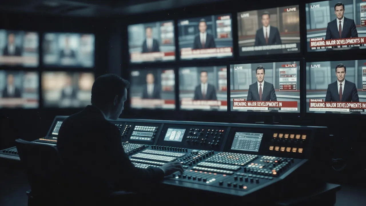 Studio control room with a live news segment on the monitor wall
