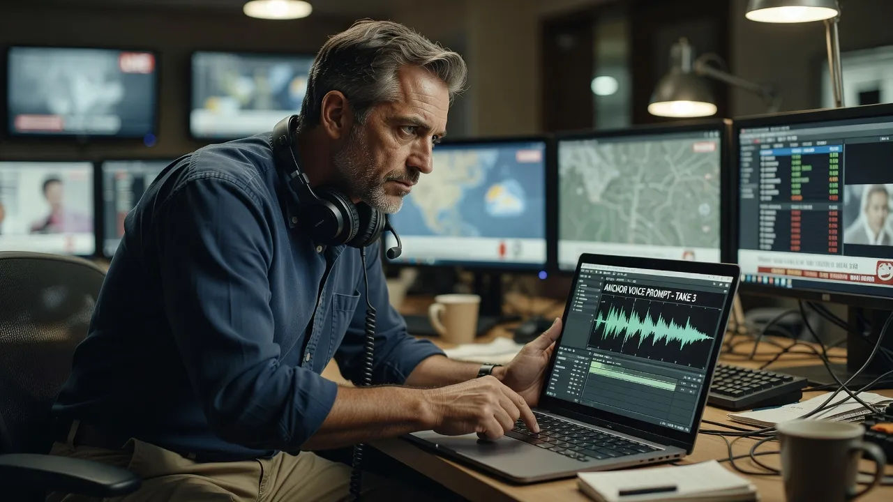 Producer editing an anchor voice prompt for a news segment on a laptop