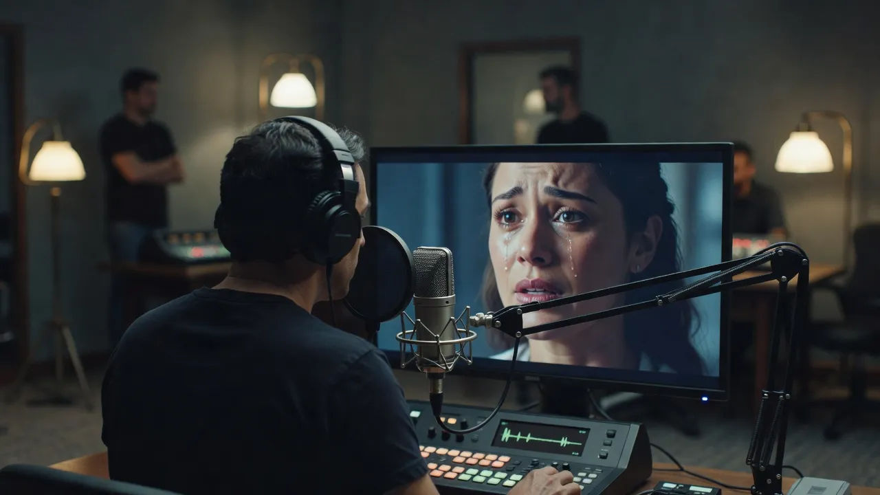 Novela dubbing session with a Portuguese read on a studio screen