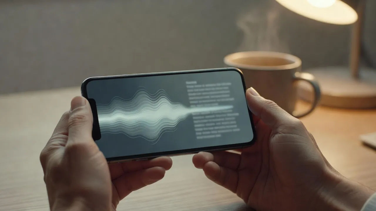Portuguese script becoming a voiceover waveform on a phone