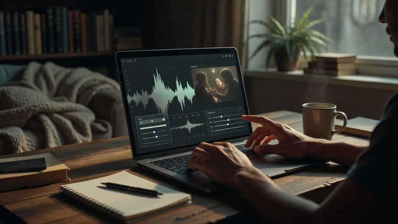 Editing a Portuguese voice prompt on a laptop for a dubbed scene