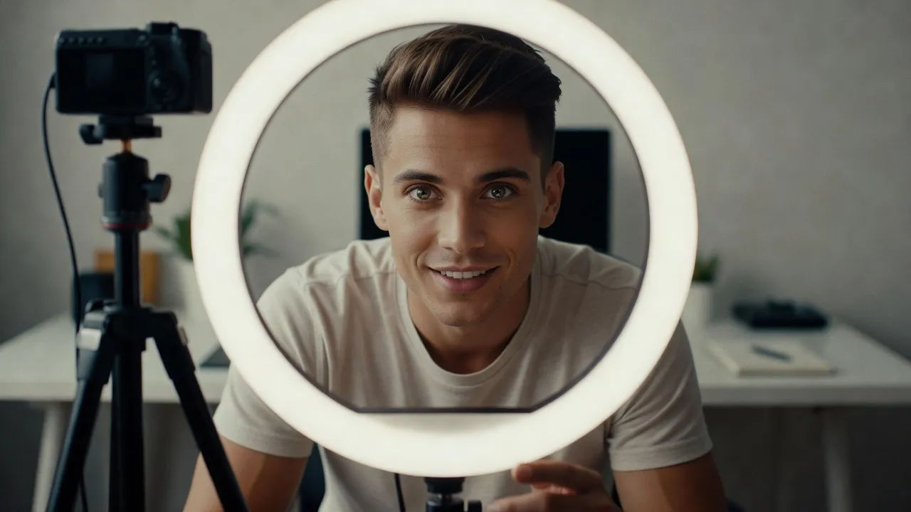Energetic host recording a talking-head reel under a ring light