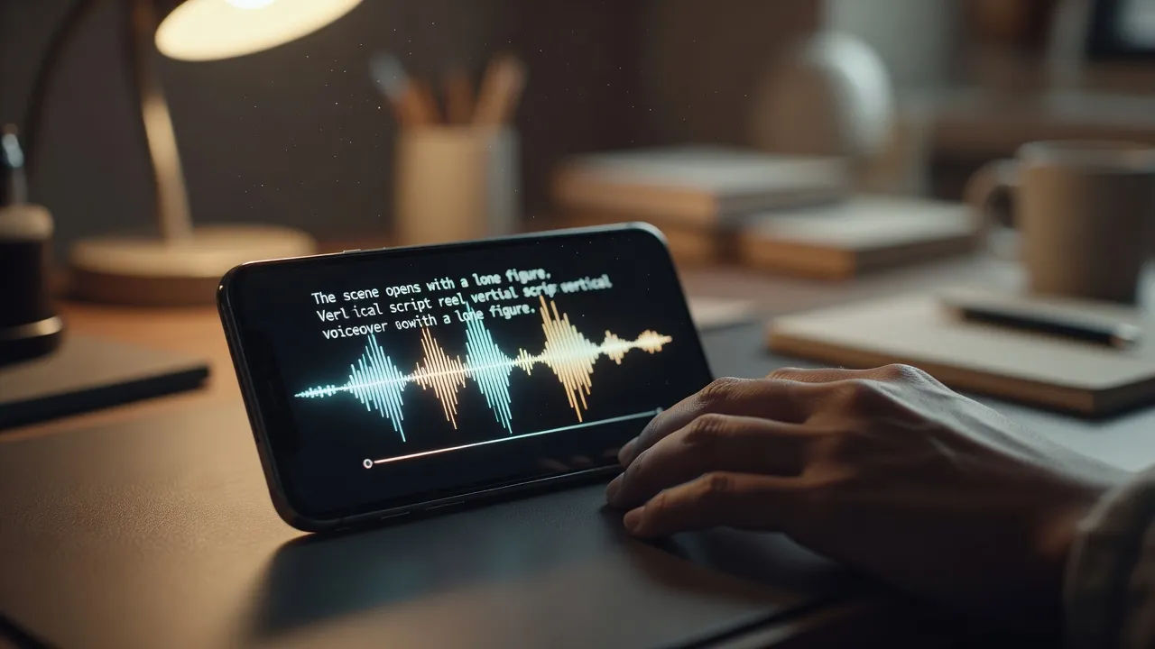 Phone screen showing a reels script becoming a voiceover waveform