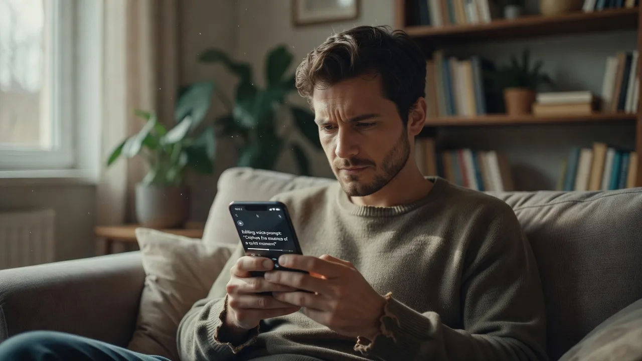 Creator editing a voice prompt on a phone for short-form video