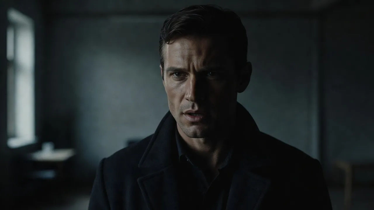 Brooding character speaking to camera with a deep Russian inflection