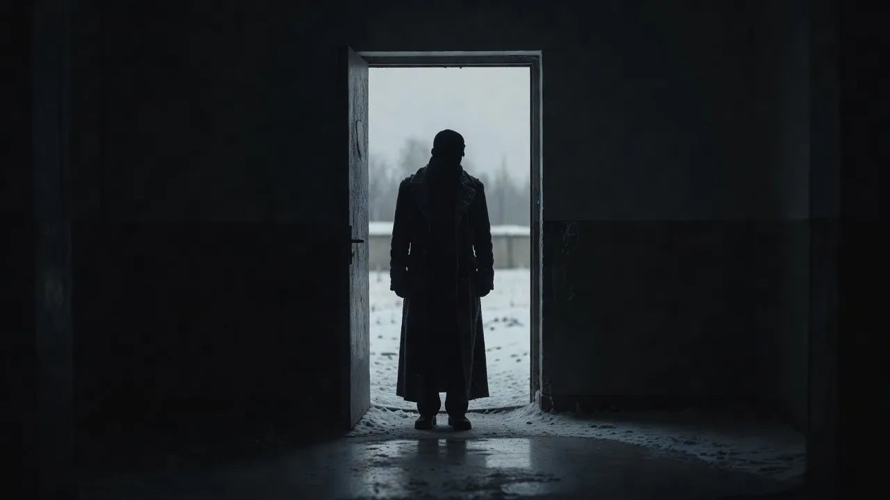 Film scene voiced with a deep, intense Russian inflection