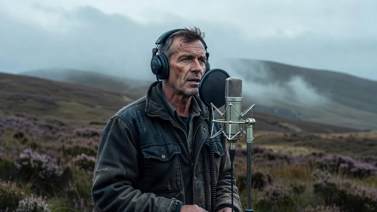 Rugged highland character on a misty hillside speaking to camera