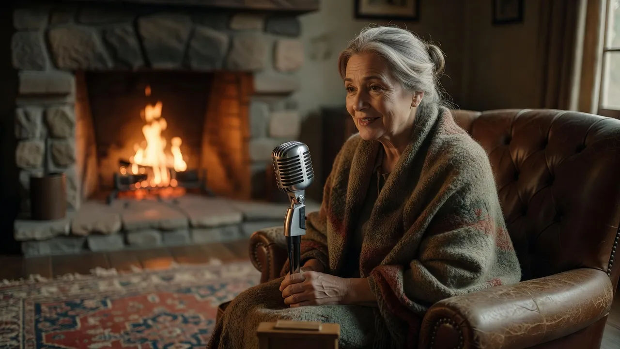 Warm storyteller by a fireside recording a rolling narration line