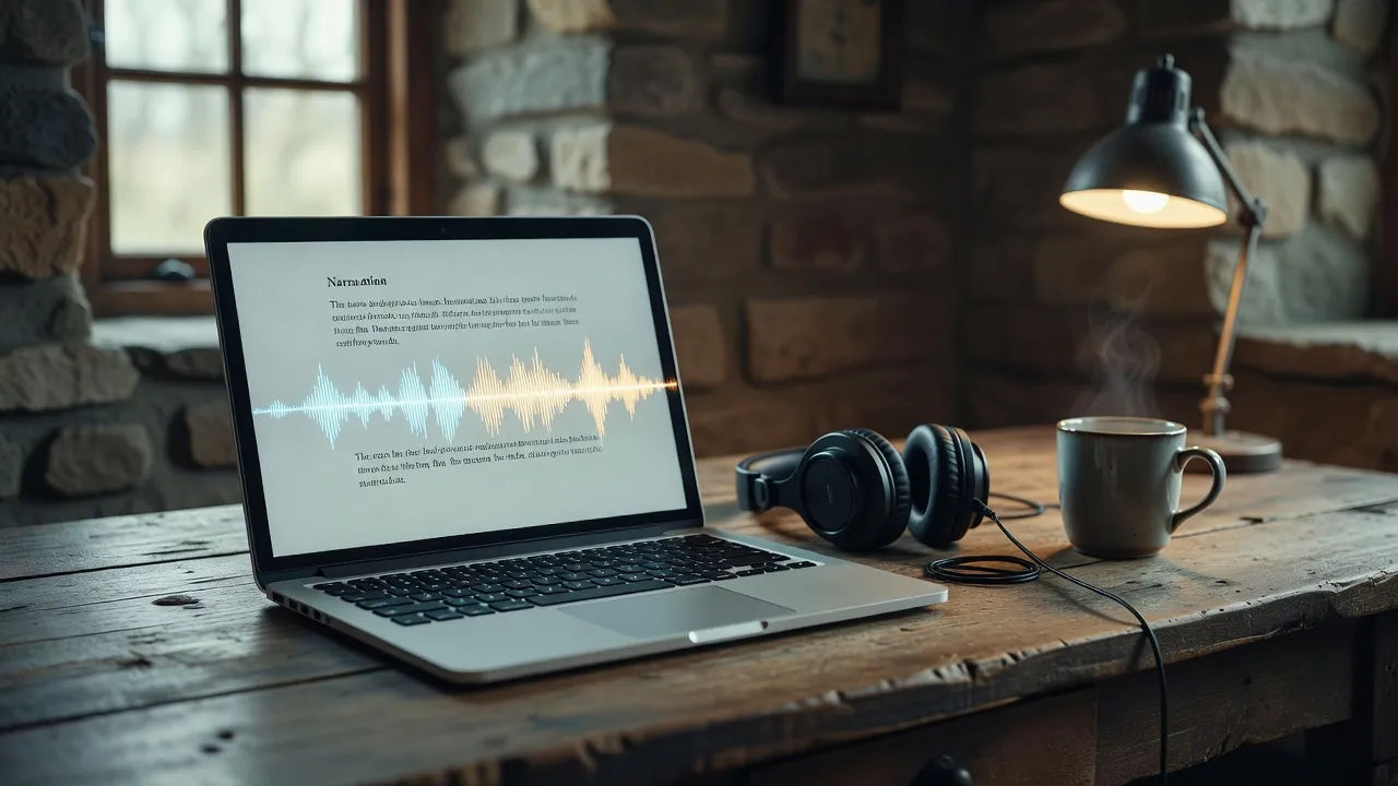Screen showing a narration script becoming a Scottish voiceover waveform