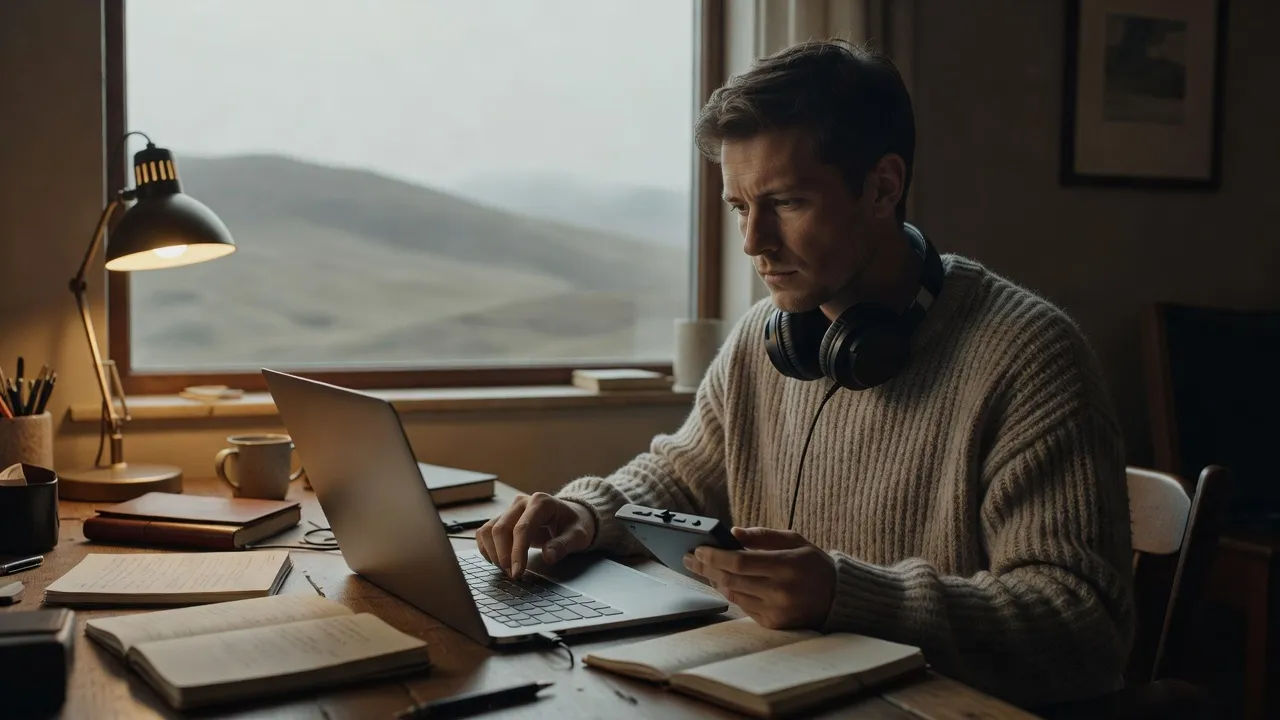 Editor adjusting a Scottish accent voice prompt on a laptop