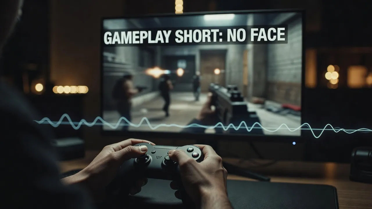 Faceless gameplay short with bold caption text and a waveform overlay