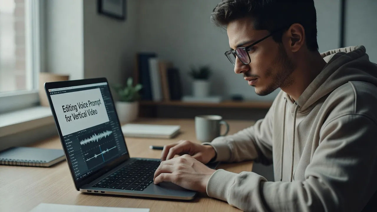 Creator editing a voice prompt for a vertical video on a laptop