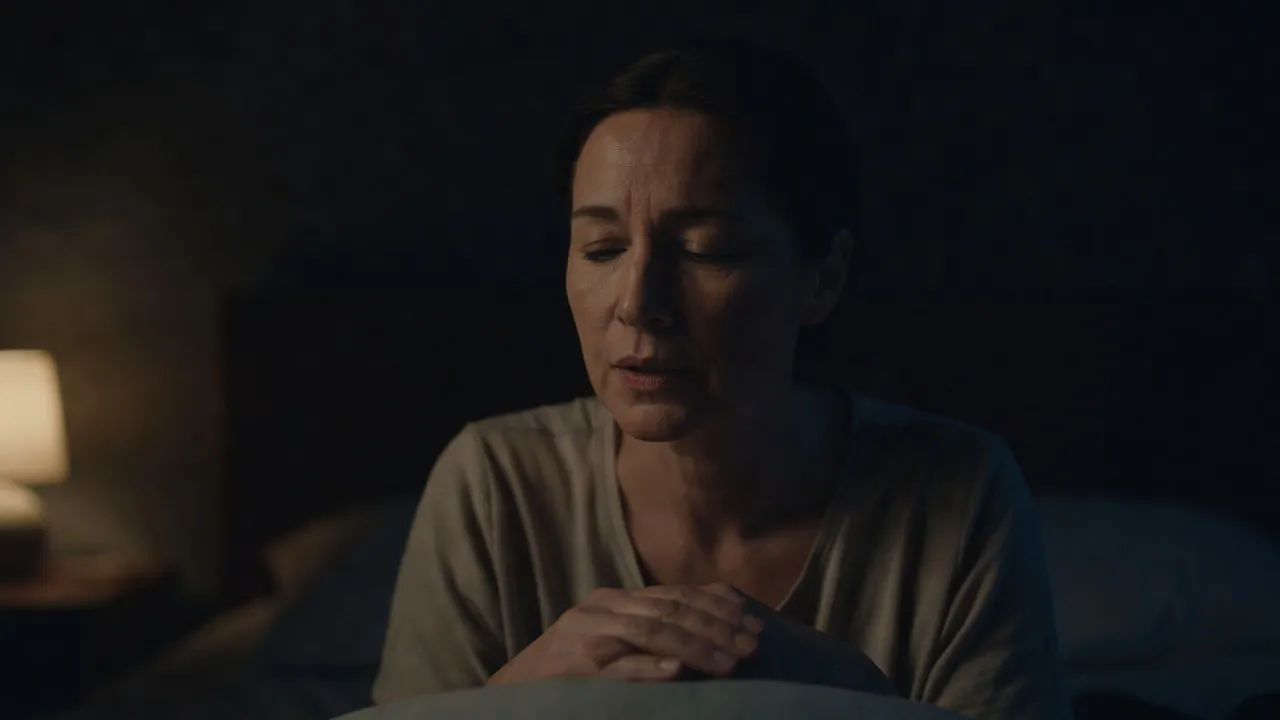 Serene guide speaking softly in dim light for a bedtime video