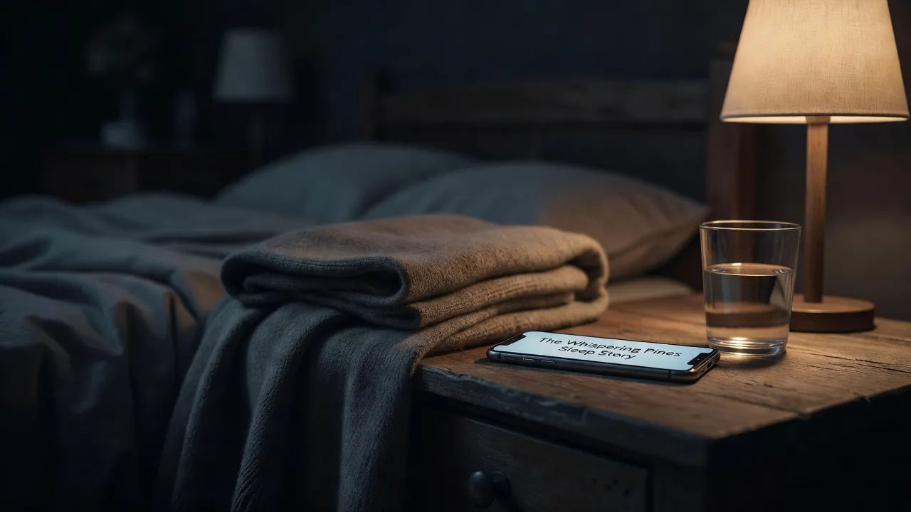 Phone on a nightstand playing a sleep story beside a dim lamp
