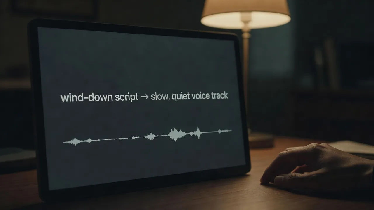Screen showing a wind-down script becoming a slow, quiet voice track