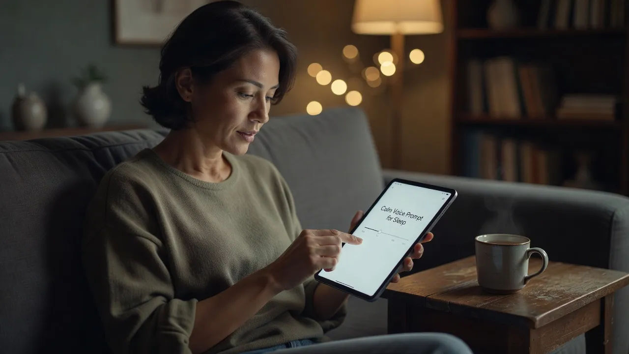 Creator adjusting a calm voice prompt for a sleep app on a tablet