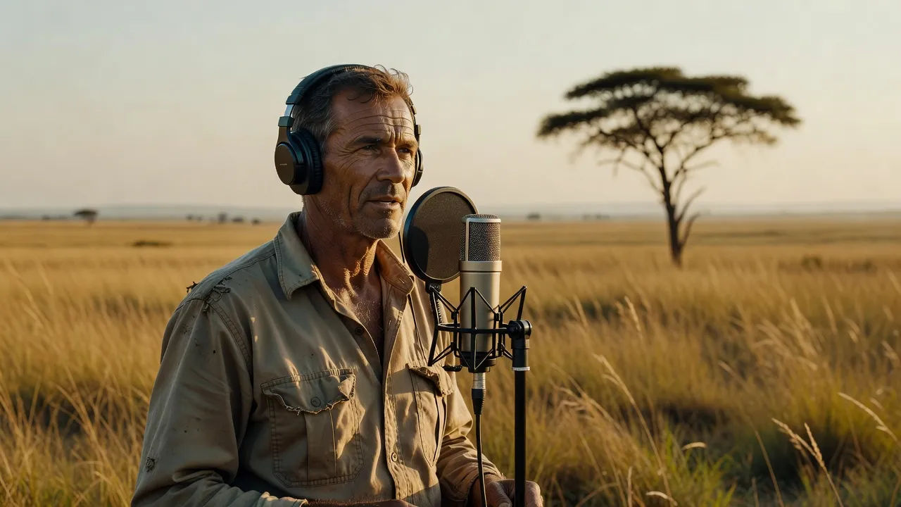 Weathered adventurer on the savanna speaking to camera